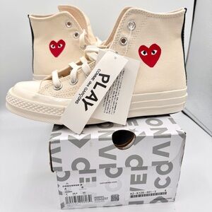 NWT Commes Des Garçons CDG Play Converse High Top Chuck 70 Heart Sneakers Cream